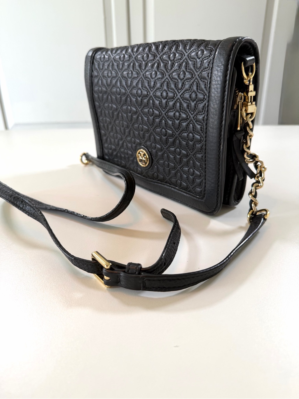 Tory Burch Marion Quilted Black Leather Crossbody Shoulder Bag Woven Chain Strap